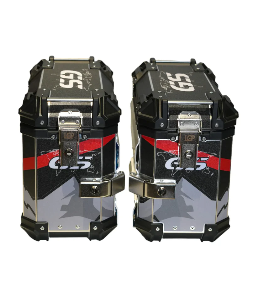 LGP Premium Aluminium GS Graphics 38L Panniers ( pair) with bracket BLACK RED - Image 2