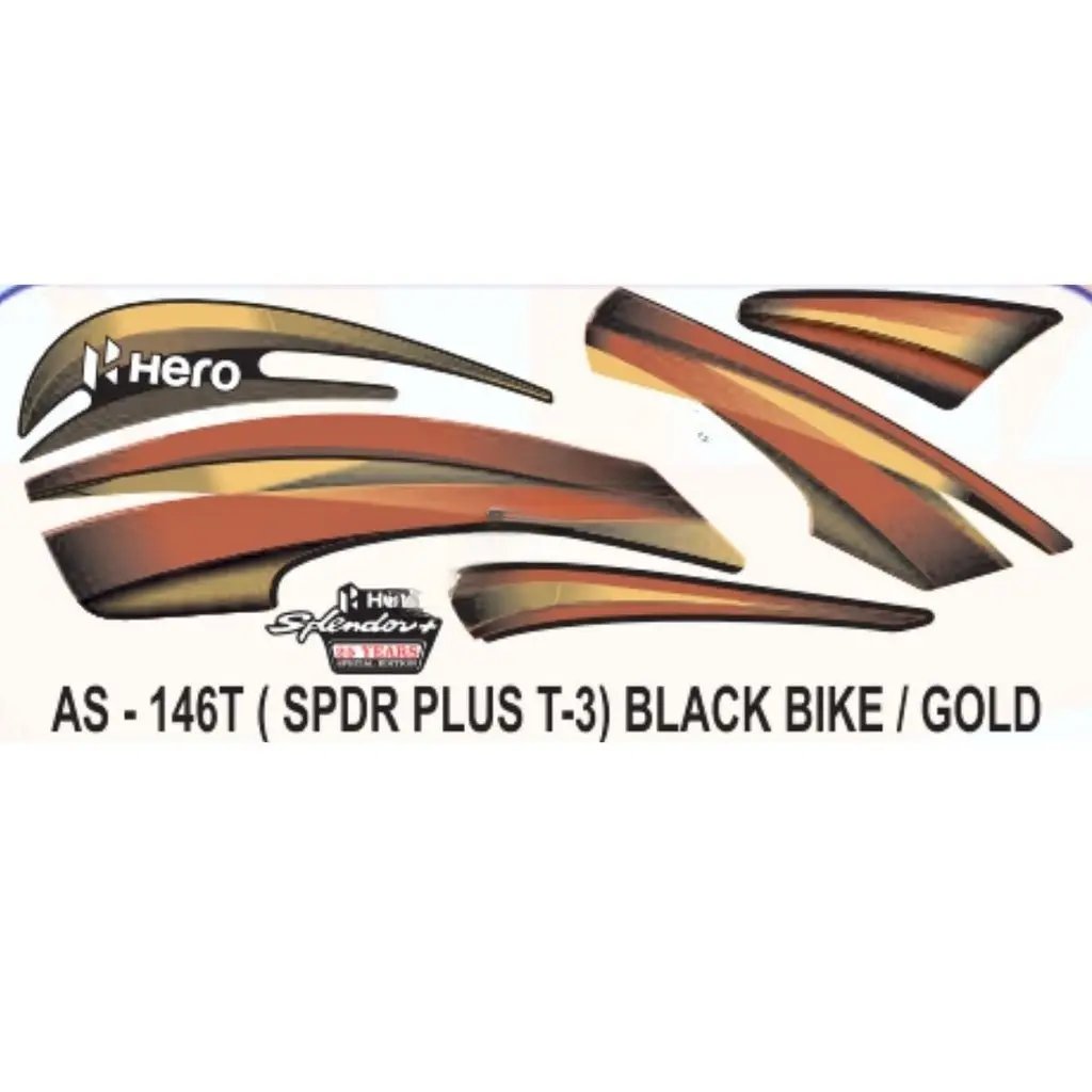Graphics Sticker Set For Hero Splendor Plus | Type 3 | Black Vehicle | Gold Sticker | Both Sides