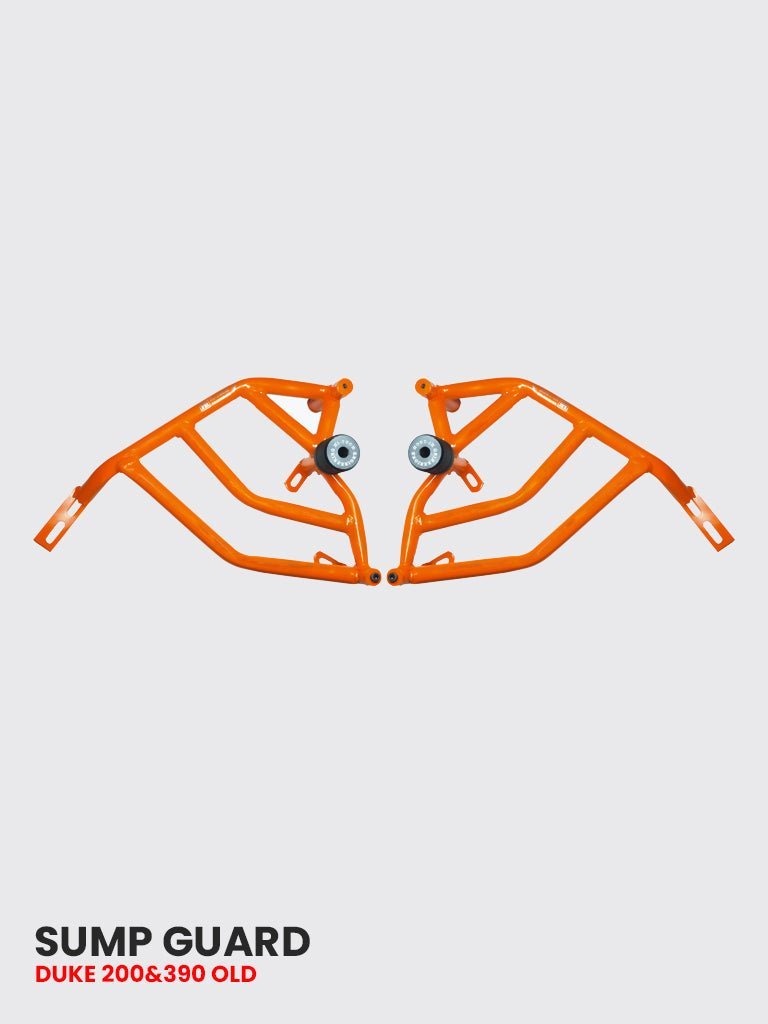 HITECH DUKE 125,200 CRASH GUARD, OLD MODEL – ORANGE WITH 4 METAL SLIDER, FITS DUKE125, 200 – SB 550